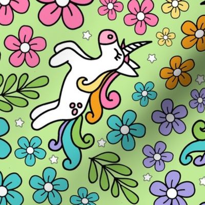 Large Scale Unicorn Doodles and Colorful Flowers on Pale Green