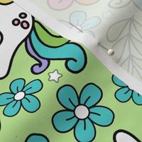 Large Scale Unicorn Doodles and Colorful Flowers on Pale Green