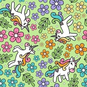Medium Scale Unicorn Doodles and Colorful Flowers on Pale Green