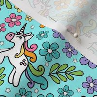 Medium Scale Unicorn Doodles and Colorful Flowers on Aqua Blue
