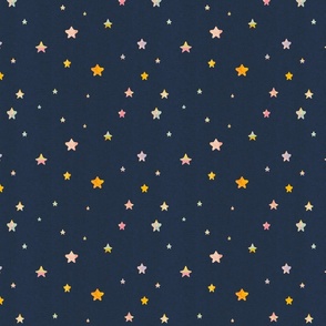 Small scale tossed marbled rainbow stars on an indigo background with a vintage​,​ linen texture