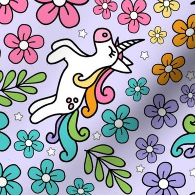 Large Scale Unicorn Doodles and Colorful Flowers on Lavender