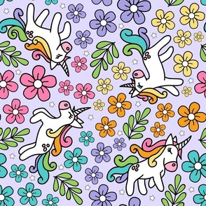 Large Scale Unicorn Doodles and Colorful Flowers on Lavender