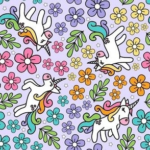 Medium Scale Unicorn Doodles and Colorful Flowers on Lavender