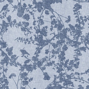 Silhouette of hedgerow plants and hiding birds in dark blue on a light blue background with a linen texture