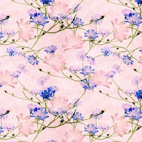 Watercolor style blue and pink flowers on a pink​,​ linen textured background