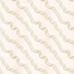 A light green wavy diagonal multi lined stripe on a cream background
