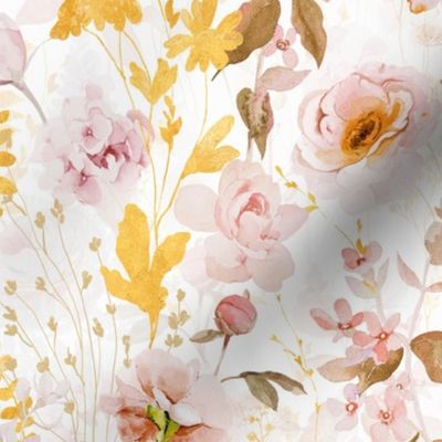 Nostalgic Beauty: Watercolor Pink Flower, Rose and Wildflower, with cute Roses,- for Home Decor And Wallpaper off white double layer