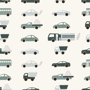 Jumbo Scale // Emerald and Celadon Green Linen Cars and Trucks on Eggshell White