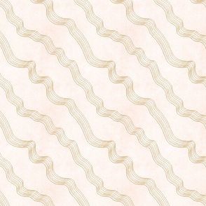 A mauve and olive green​,​ wavy diagonal multi lined stripe on a cream background