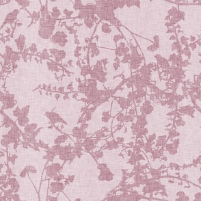 Silhouettes of hedgerow plants​ and​ little birds hidden in the undergrowth​,​ in plum on dusty pink linen texture