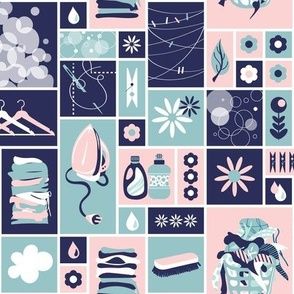 Medium Laundry Room Wallpaper in Teal Navy and Pink