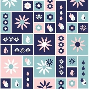 Medium Laundry Room Wallpaper Flowers and Water Drops in Navy Teal Pink