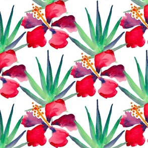(L) Bold Vibrant Red Hibiscus and Stunning Green Palm Leaf Watercolor Large