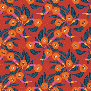   Trumpet flowers (red) - Large funky bold folk style flowers in bold bright fun colors for this design. Also available in other colours and a tea towel design.