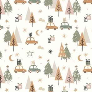 ( dark outline ) Christmas tree, car and woodland, boho