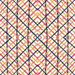 Let’s Party crisscross diamond plaid handdrawn in ink bleed pen 12” repeat coral pink, blue, sage, yellow white