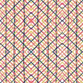 Let’s Party crisscross diamond plaid handdrawn in ink bleed pen 6” repeat coral pink, blue, sage, yellow white