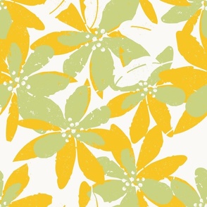 Large Bold and Colorful Tropical Flowers and Leaves_yellow gold, lime green, white on cream
