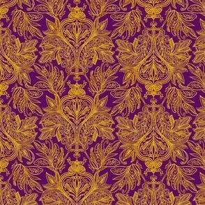 Victorian gothic Golden ombre vintage handdrawn damask on amethyst purple  24”  repeat