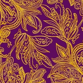 Golden ombre vintage handdrawn damask on amethyst purple 18”  repeat
