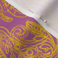 Golden ombre vintage handdrawn damask on Fandango pink 24” repeat