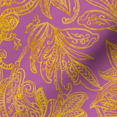 Golden ombre vintage handdrawn damask on Fandango pink 24” repeat