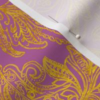 Golden ombre vintage handdrawn damask on Fandango pink 18”  repeat