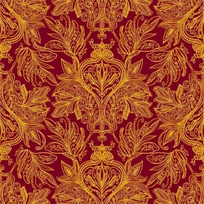 Perfect harmony vintage handdrawn golden ombre damask on rich red 24”   repeat