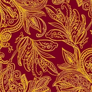 Perfect harmony vintage handdrawn golden ombre damask on rich red 18” repeat
