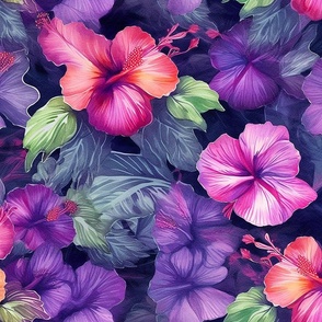Watercolor Hibiscus - Dark I