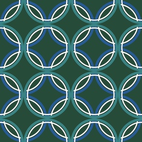 Circle Knots Mesh in Teal, Blue  & White on Dark Green