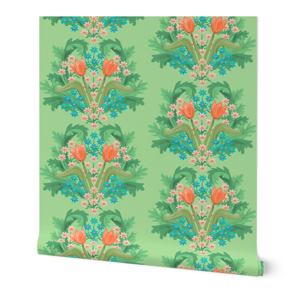Spring Damask Coral Pink Tulips on Green