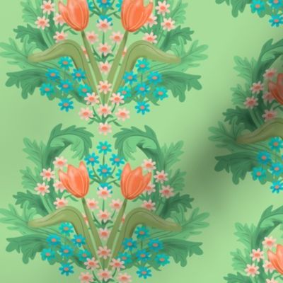 Spring Damask Coral Pink Tulips on Green