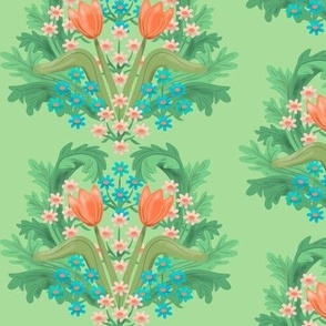 Spring Damask Coral Pink Tulips on Green