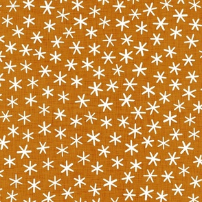Reach for the Stars- Ditsy Boho Star- Bohemian Stars- Petal Solid Coordinate Desert Sun- White Stars in Golden Mustard Background- Linen Texture- Christmas Stars- Snowflakes- Large
