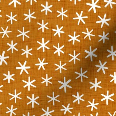 Reach for the Stars- Ditsy Boho Star- Bohemian Stars- Petal Solid Coordinate Desert Sun- White Stars in Golden Mustard Background- Linen Texture- Christmas Stars- Snowflakes- Medium