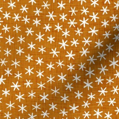 Reach for the Stars- Ditsy Boho Star- Bohemian Stars- Petal Solid Coordinate Desert Sun- White Stars in Golden Mustard Background- Linen Texture- Christmas Stars- Snowflakes- Small