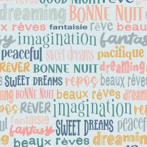 Sweet Dreams Bedding // large // word art, French, English, pink, blue, green, pastel