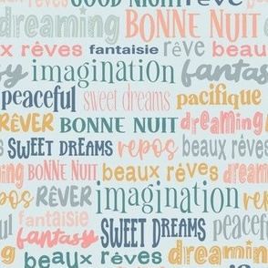 Sweet Dreams Bedding // small // word art, French, English, pink, blue, green, pastel
