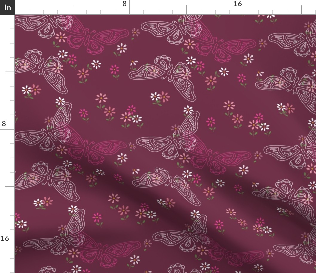 Cottage- core white butterflies pink butterfly white  pink micro flower red maroon wine