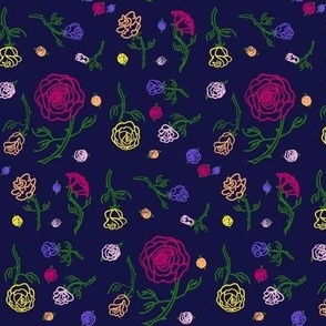 Multicolored neon roses on navy blue - small print