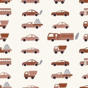 Medium Scale // Raspberry and Rose Pink Linen Cars and Trucks on Eggshell White  