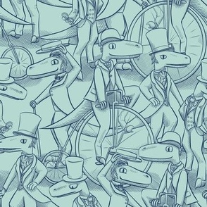 Victorian Velociraptor Gentlemen, lineart, navy and seafoam, medium