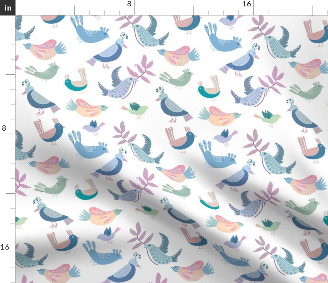 Pastel folk birds on white, childrens wear, spring, summer, cute, pretty fabric 8x8 inches wallpaper 12x12"