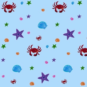 Crabs, starfish, and shells on light blue