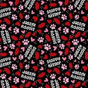 Small Scale Sloppy Kisser Funny Dogs Paw Prints Lips and Hearts on Black