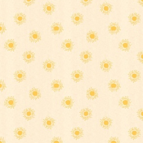 Sun motif made of blossoms in yellow on a light yellow background with linen texture