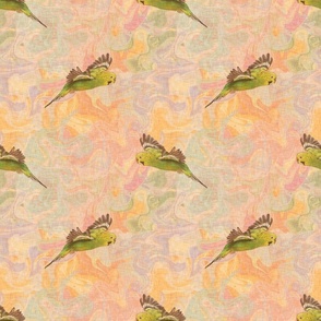 Green and yellow budgie parakeets birds in flight on a swirled pastel rainbow marble background