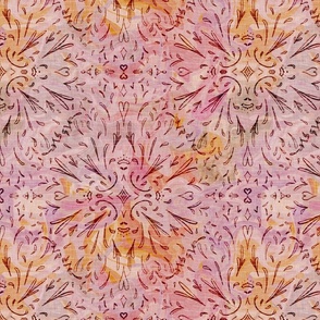 Damask pattern on a peach​,​ mauve and pink marbled background with vintage linen texture
